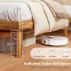 Mid-century acacia wood platform bed frame with retro headboard and sufficient under-bed space for storage and cleaning.