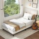 Beige twin size velvet bed frame with chevron headboard, featuring adjustable height and modern design for stylish.