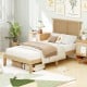 Twin size bed frame featuring a boho rattan headboard, solid rubber wood legs, and ample under-bed storage space.