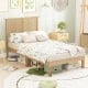 Twin size bed frame with boho rattan headboard, solid rubber wood legs, and ample under-bed storage for versatile use.