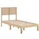 Twin size bed frame with boho rattan headboard, solid rubber wood legs, and plywood slats for sturdy mattress support.