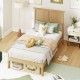 Twin size bed frame showcasing a boho rattan headboard, designed for stability with solid rubber wood legs and plywood.