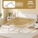 Queen size wooden bed frame with headboard, slat support, and 12" under bed storage, no box spring needed.