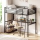 Twin loft bed in rustic brown with desk, shelves, and sturdy metal frame, perfect for kids and adults in small spaces.