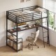 Twin loft bed in rustic brown with desk and shelves, featuring a sturdy metal frame and ample under-bed storage.
