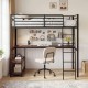 Twin loft bed in rustic brown with desk and shelves, featuring USB ports and ample under-bed storage for space-saving.