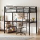 Twin loft bed in rustic brown with desk, shelves, and safety guardrails, ideal for kids and adults in small spaces.