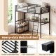 Twin loft bed in rustic brown with desk and shelves, featuring powder-coated metal slats and ample under-bed storage.