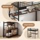 Twin loft bed with spacious desk and two open shelves in rustic brown, ideal for kids and adults in small spaces.