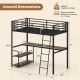 Twin loft bed with rustic brown desk and shelves, featuring metal slats and ample under-bed storage for space-saving.