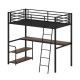 Twin loft bed with rustic brown desk and shelves, featuring metal slats, USB ports, and ample under-bed storage.