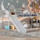 Twin metal loft bed with slide, safety guardrails, and built-in ladder in silver for kids' room fun and storage.