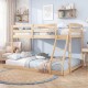 Twin over full low floor bunk bed frame in natural pine wood, featuring guardrails and integrated ladder for kids'.