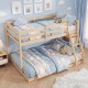 Twin over full bunk bed frame in natural pine wood with integrated ladder and full-length guardrails for kids' rooms.