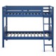 Navy twin over twin bunk bed with high guardrails and inclined ladder, convertible into two individual beds for.
