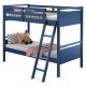 Twin over twin bunk bed in navy with a sturdy wooden frame, featuring a ladder and high guardrails for safety.