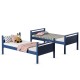 Navy twin over twin bunk bed convertible into two individual beds, featuring high guardrails and a sturdy frame for.