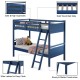Navy twin over twin bunk bed with high guardrails, sturdy wood slats, and wide ladder for safe climbing and versatile.