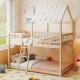 House-shaped twin over twin bunk bed in natural wood with full-length guardrails and sturdy ladder for kids' rooms.