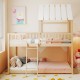 Twin over twin house bunk bed in natural wood, featuring a roof, guardrails, and a sturdy ladder for kids' safety.