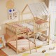Twin over twin house bunk bed in natural wood, featuring a cozy lower floor bed with a playful design for kids' rooms.