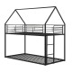 House-shaped twin over twin metal bunk bed in black with roof, ladder, and guardrails for safe sleeping.