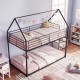 House-shaped twin over twin metal bunk bed in black with roof design, featuring integrated ladder and guardrails for.