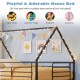 House-shaped twin over twin metal bunk bed in black with roof design, ideal for creative DIY decorations.