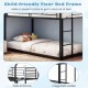 Child-friendly twin over twin metal bunk bed with roof, integrated ladder, and wide entrance for easy access.