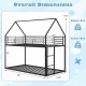 Twin over twin metal bunk bed with roof design, featuring dimensions and weight capacity details for kids' safety and.