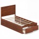 Twin size bed frame in walnut with headboard and two storage drawers for clothes, featuring sturdy wood construction.