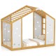 Twin size Montessori floor bed with natural wood frame, monkey bars, and playful cut-out shapes for kids' fun.