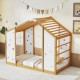 Twin size Montessori floor bed with house shape, monkey bars, and playful cut-out shapes for kids' rooms.