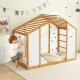 Twin size Montessori floor bed with monkey bars, wooden frame, and playful cut-out shapes for kids' fun and comfort.