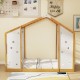 Twin size Montessori floor bed with natural wood frame, geometric cut-outs, and monkey bars for playful sleeping space.