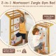 Twin size Montessori climbing bed with rubber wood monkey bars and cotton rope ladder, perfect for adventurous play.