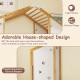 Twin size climbing bed with house-shaped design, rubber wood monkey bars, and playful geometric cut-out shapes for kids.