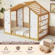 Twin size Montessori floor bed with solid wooden frame, monkey bars, and playful geometric cut-outs for kids' rooms.