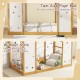 Twin size Montessori floor bed with rubber wood monkey bars, geometric cut-outs, and additional play area for kids.