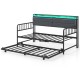 Twin size daybed with trundle in rustic brown, featuring an upholstered headboard and ambient RGB LED lights for cozy.