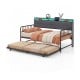 Twin size daybed with rustic brown finish, showcasing the cozy trundle setup and ambient RGB LED lights for inviting.