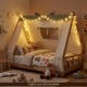 Cozy twin size wooden bed featuring an antler-themed frame and plush fabric tent, perfect for imaginative children's.