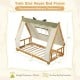 Twin size wooden bed frame with removable tent, antler design, and protective side rails for children's safety and fun.