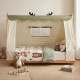 Twin size wooden bed with removable plush tent, antler theme, and protective side rails for a cozy children's sleep.