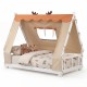 Twin size house bed with removable tent, antler theme, and protective side rails for a cozy children's sleep space.