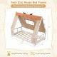 Twin size house bed frame with removable tent, antler design, and protective side rails for children's safety and fun.