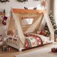 Twin size house bed with removable tent, antler-themed frame, and plush fabric for a cozy children's sleep space.