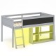 Twin size kids loft bed in gray with removable bookcase, LED lights, and chalkboard for creative play and storage.