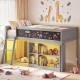 Twin size kids loft bed in gray with LED lights, removable bookcase, and integrated chalkboard for creative play.