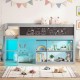 Twin size kids loft bed in gray with LED lights, removable bookcase, and chalkboard for creative play and storage.